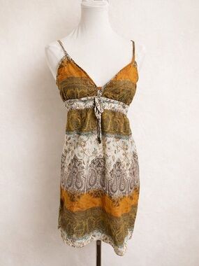 Sparkly Fairy Boho Slip Dress Paisley Orange Gold Mini S